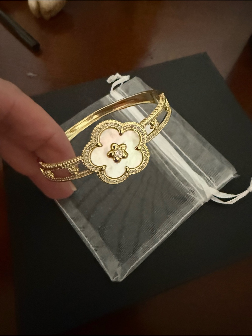 Gold and White Clover Mother of Pearl Flower Bracelet